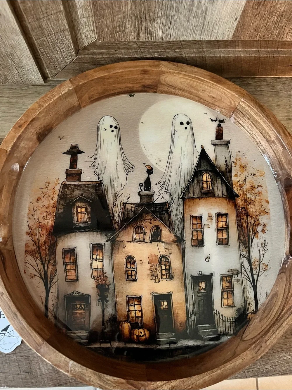 Viral Halloween Whimsical Ghost Wooden Tray Haunted House